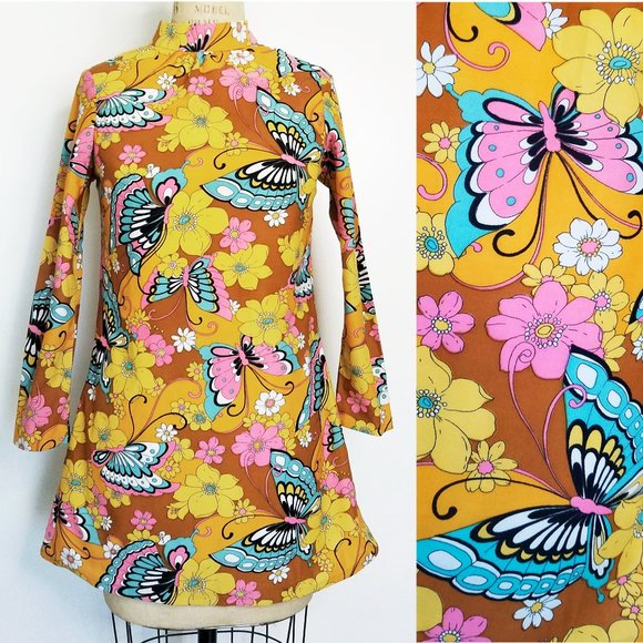 Vintage 1970s Iconic Womens Mini Dress Butterflies Flowers Mod A-line Woodstock - Picture 1 of 16